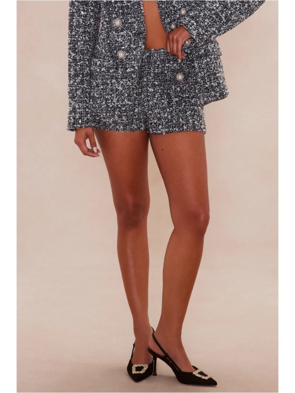 New NWT - Fashion Nova LUXE - Black & White Tweed Shorts - Pearl Details - XL